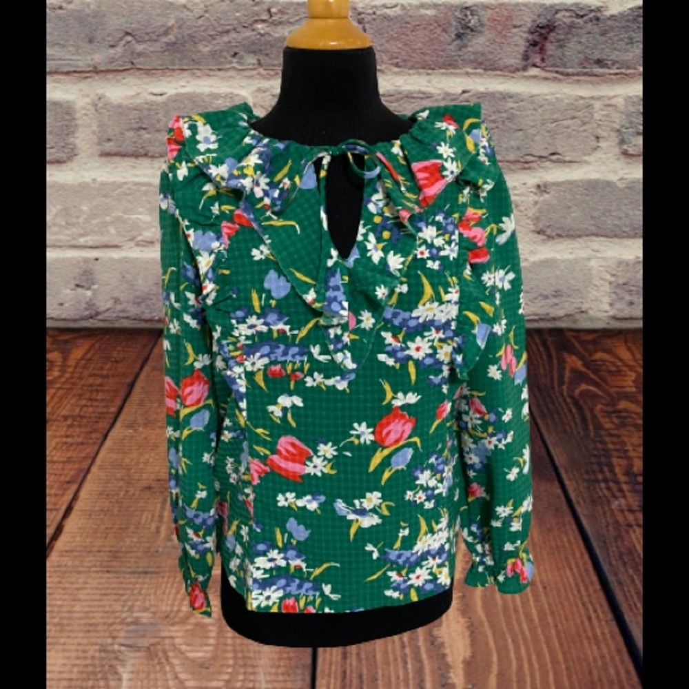 Womens Loft Bouquet ruffle tie neck blouse green floral size XS
